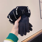手袋　レディース　韓国ファッション　秋冬　冬　デザイン　5本指 　蝶結び　かわいい　パール
