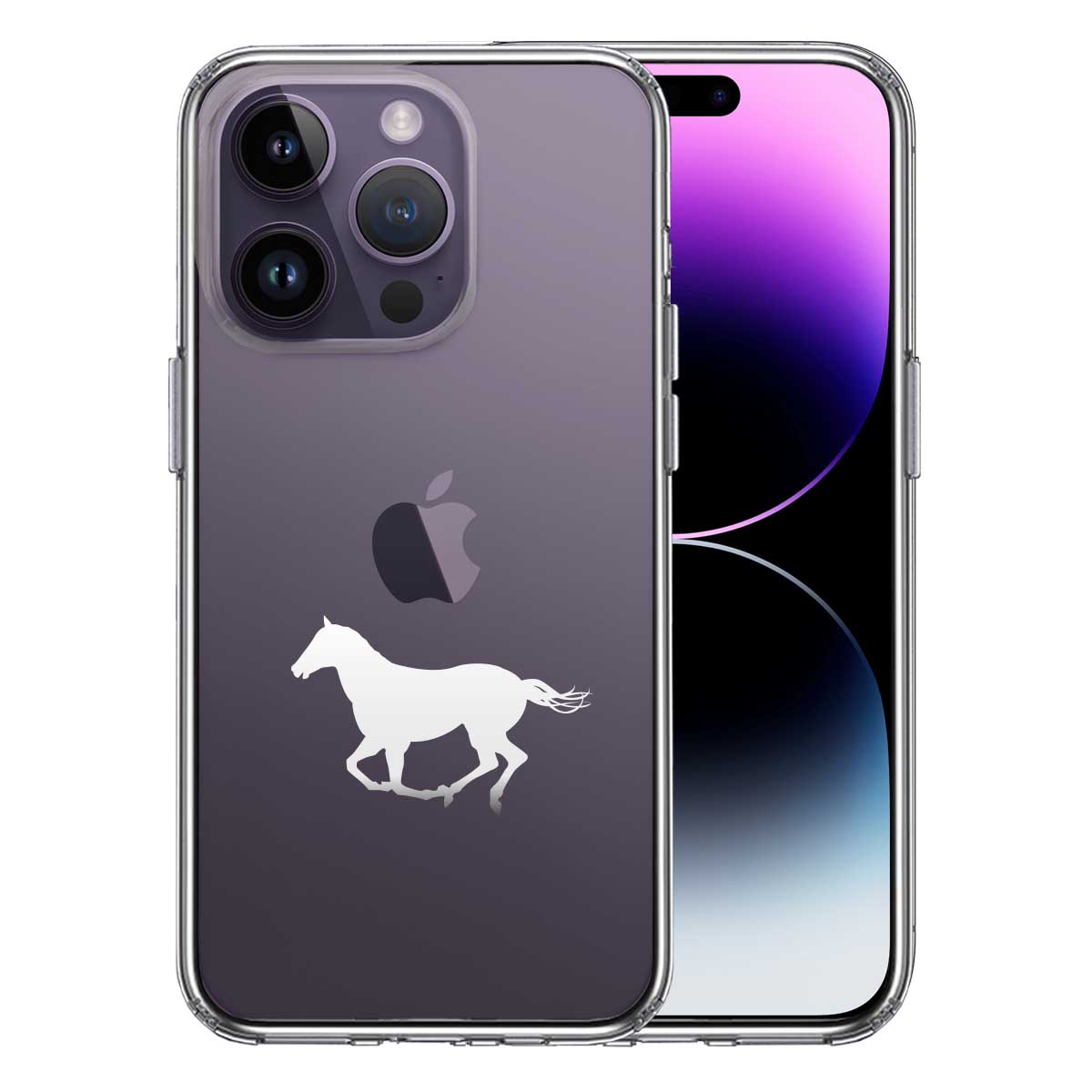 iPhone14 Pro 側面ソフト 背面ハード ハイブリッド クリア ケース 馬 サラブレット 白馬