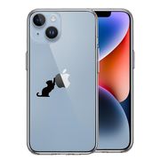 iPhone14 側面ソフト 背面ハード ハイブリッド クリア ケース 猫 リンゴ キャッチ