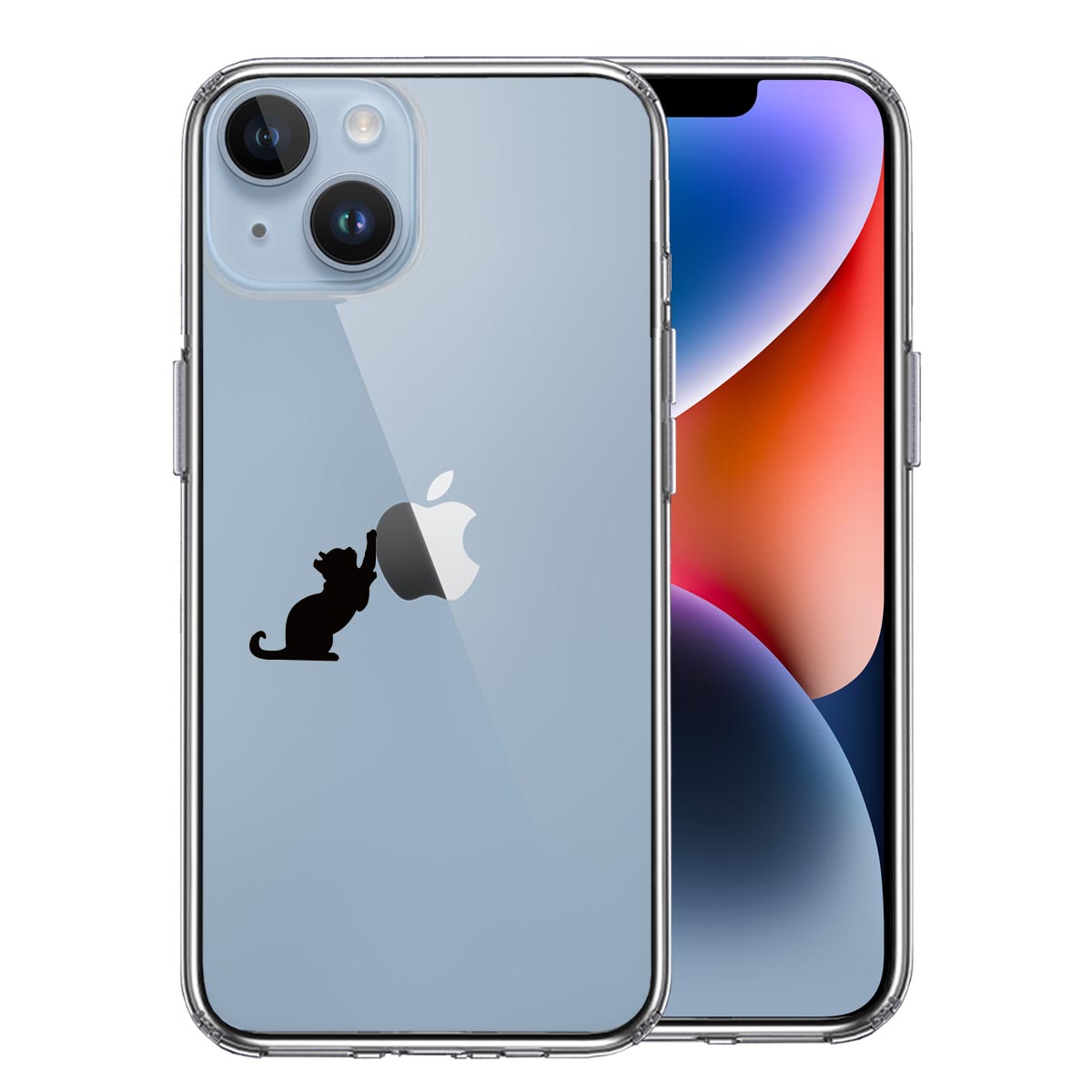 iPhone 14 Plus 側面ソフト 背面ハード ハイブリッド クリア ケース 猫 リンゴ キャッチ