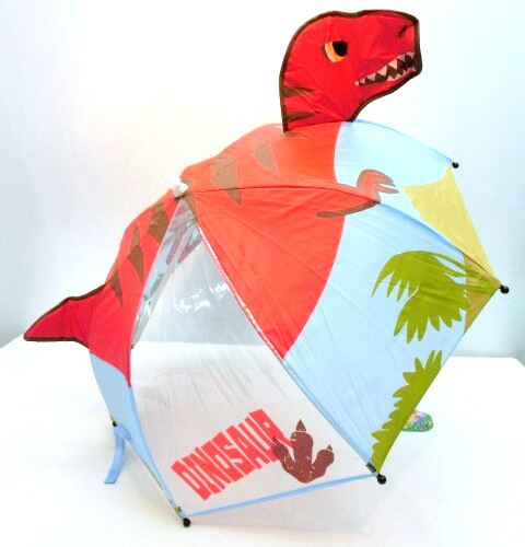 【雨傘】【ジュニア用】サウンド傘恐竜　サウンド・ライト付1駒透明耳付き安全ロクロ手開き傘