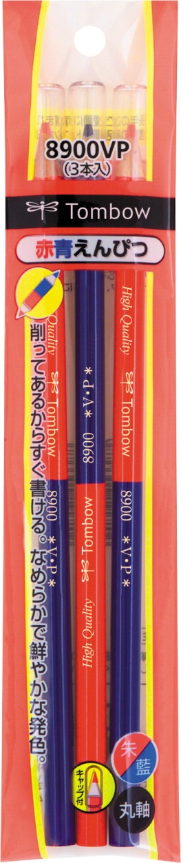 トンボ鉛筆 赤青鉛筆8900VPキャップ付3P（朱藍色芯） BCB-362