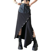 タイムセール PUハーフスカート 縫付 透かし彫り ジッパー スプリット 単体ボタン ロングスカート