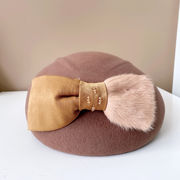 秋冬の優雅なミンクの毛並みリボンウールねベレー帽女英国風レトロなスチュワーデス帽万能型画家帽