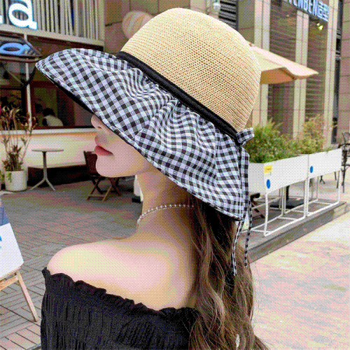 麦わら帽子　帽子　夏　UVカット　つば広　日焼け防止　紫外線対策　折りたたみ　海　蝶結び　チェック柄