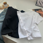 不規則な裾の白い半袖Tシャツ女性のニッチのデザイン感短い丈のラッフル無地のTシャツの上着のファッシン