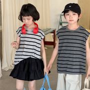 2025夏新作  韓国風子供服  キッズ服  トップス    ボーダー   カジュアル  Tシャツ  男女兼用    2色