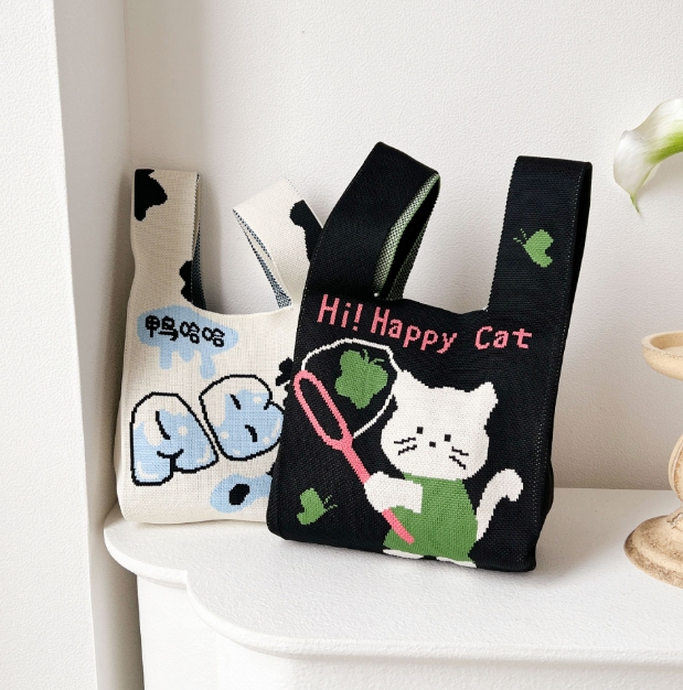 ️手編み️ハンドメイド️バッグ️ニットバッグ️チューリップ猫