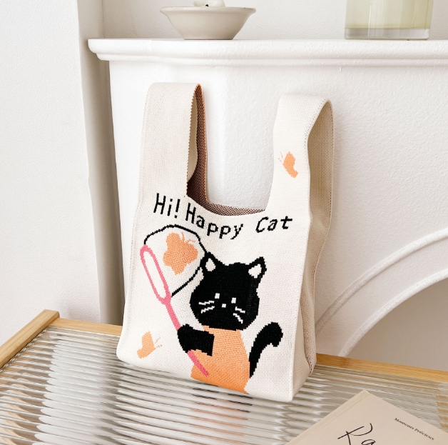 ♥️手編み♥️ハンドメイド♥️バッグ♥️ニットバッグ♥️チューリップ猫ちゃんバッグ♥️ 新バックインバッグ【猫柄A】カラフルねこちゃん - Y-MASA'S