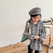 2025新作  韓国風子供服  キッズ服   トップス   春秋   チェック柄   長袖  シャツ   カジュアル    2色