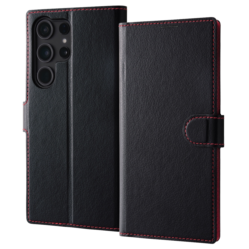Galaxy S23 Ultra 手帳型レザーケース シンプル マグネット/ブラック/レッド