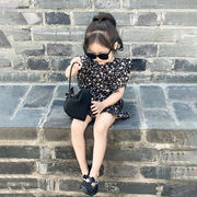 キッズセットアップ　花柄シャツ　ショートパンツ　ヘアバンド付き　韓国風子供服　女の子夏物90-140cm