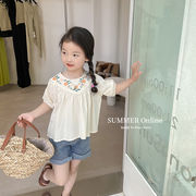 キッズシャツ　花柄刺繍　ブラウス　半袖　カジュアル　韓国風子供服　女の子夏物　新作