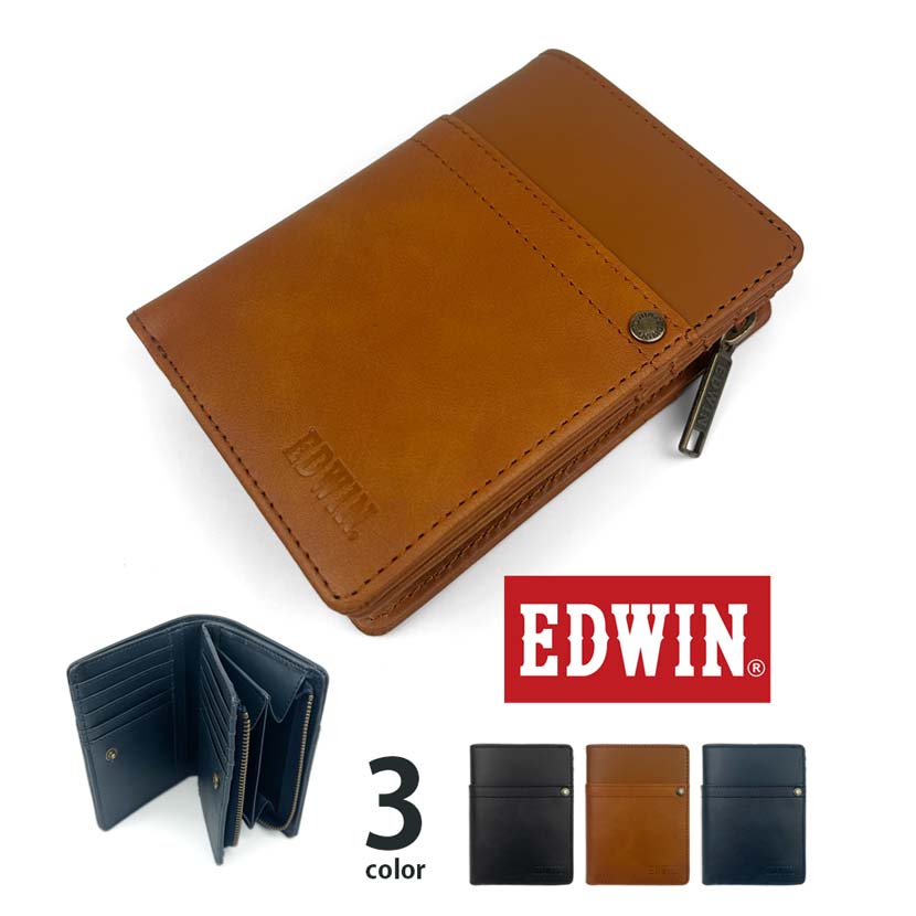 【全3色】 EDWIN エドウイン リベットデザイン L字ファスナー小銭入れ 二つ折り 財布 ウォレット
