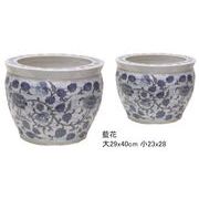 陶器 水盤 【セット商品】二点丸大魚缶 藍花