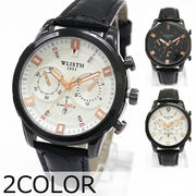 ブラック＆ホワイト文字盤と日付カレンダー フェイクダイヤル 革ベルト クオーツ WSQ007 メンズ腕時計