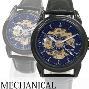 自動巻き腕時計 シンプルスケルトンデザイン ブラックケース 革ベルト 機械式 WSA025-BLK メンズ腕時計