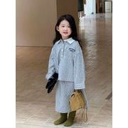 2025 秋新作 韓国風  子供服   ベビー服   ストライプ トップス   シャツ  +スカート  2点セット