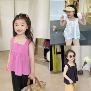 3色 夏 子供服 可愛い 四角い襟 ノースリーブトップス 女の子 サスペンダー シャツ 韓国風 無地半袖トップ