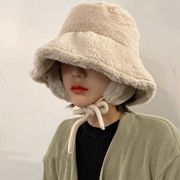 レディース帽子　イヤーバケットハット　ファー　リボン付き　韓国ファッション　秋冬