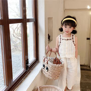 女の子  袖なし  セット  夏  韓国  つり革  ワイドパンツ   復古  綿麻  ズボン