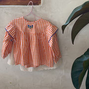 2022年春の新しい韓国の子供服刺繍された菌レースの袖の格子縞の子供のベビードールシャツの韓国版