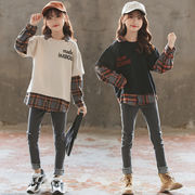 秋の子供服、韓国風、女の子スウェットシャツ、カジュアルトップス、個性的なカラーマッチング袖