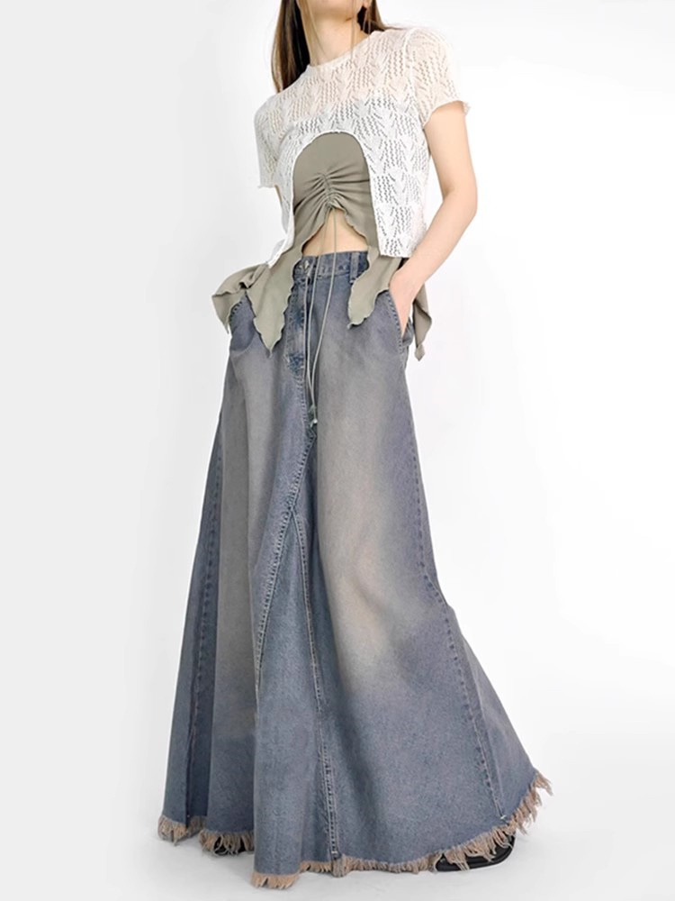 素敵な商品 ハイウエスト レトロ 細身 デザインセンス 大きいサイズ バリ デニムハーフ  ロングスカート