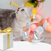 かわいい月とバラ猫のネックレス 日本 シンプル 猫 のアクセサリー レディースのネックレス  猫の雑貨