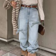ジーンズ　ワイドパンツ　リボン　レディース　デザイン　韓国ファッション