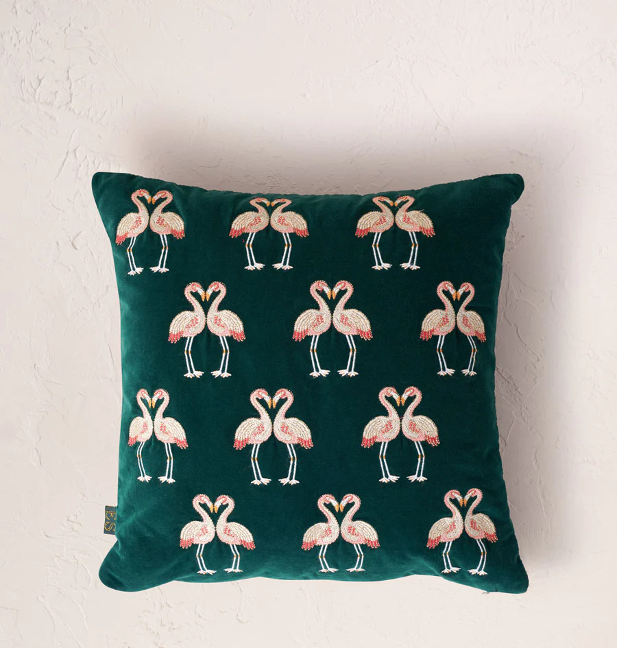 Flamingo Emerald Velvet Cushion Cover