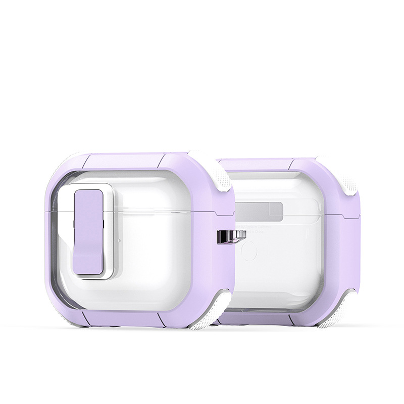 イヤホンケース Airpods 落下防止 全面保護 耐衝撃 カラビナ付き 自動ボタンLED可視 TPU素材 合金薄紫