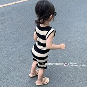 2024春夏新作 韓国子供服 ワンピース 縞 キッズ服 キャミソールワンピース 袖なし 子供用のスカート