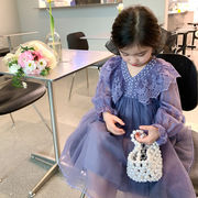 子供服 新作 長袖 レースチュール ワンピースお姫様ドレス スカラップ 裾フリル 可愛い 写真色 デザイン感