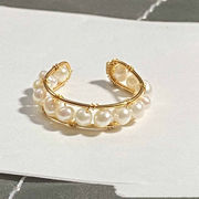 14K 銅メッキ手作り天然淡水 4mm厚の真珠 オープンリング 女性 素敵な パール 指輪 アクセサリー