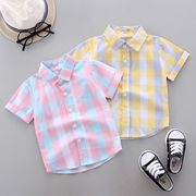 ボーイズシャツ、夏の子供服、半袖、格子縞のシャツ