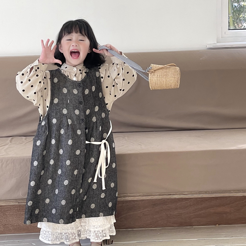 ★Girls★　子供服　90~150cm　キッズロングベスト　水玉　綿麻　韓国キッズファッション