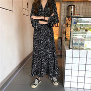 気質の着こなし 韓国ファッション ハイウエスト 花柄ワンピース 2024新品 春秋 シンプル ロングスカート