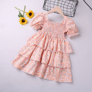 新しい女の子のパフスリーブシフォンケーキスカート半袖花柄ドレスは快適で用途が広い