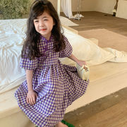子供のスカート、2024年夏の新しい中国風チャイナドレス要素デザインガールズドレス、パープルチェック柄