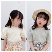 子供服、2024年夏の新製品、女の子用韓国レース半袖の韓国版、Tシャツ、ボトミングシャツ