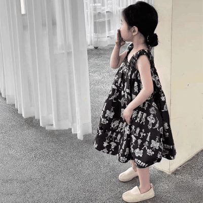 春夏 韓国風子供服 ガール シフトドレス ノースリープ プリント 吊りスカート ワンピース ワンピ 7-15