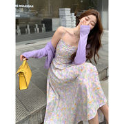 実質価格?韓国版新作春ドレス、シックで控えめな花柄サスペンダースカート+ニットカーディガン9115