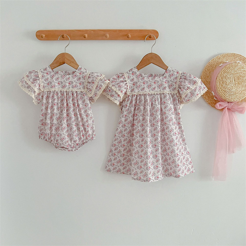 2024夏新作　子供服　姉妹　お揃い　選べる2タイプ　スクエアネック　ロンパース　ワンピース　可愛い