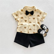 ins 夏新作　子供服　クマ　プリント　セットアップ　半袖シャツ　ハーフパンツ　子供服　可愛い　柔らかい