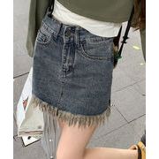 【日本倉庫即納】 裾フリンジ デニムスカート ハイウエスト