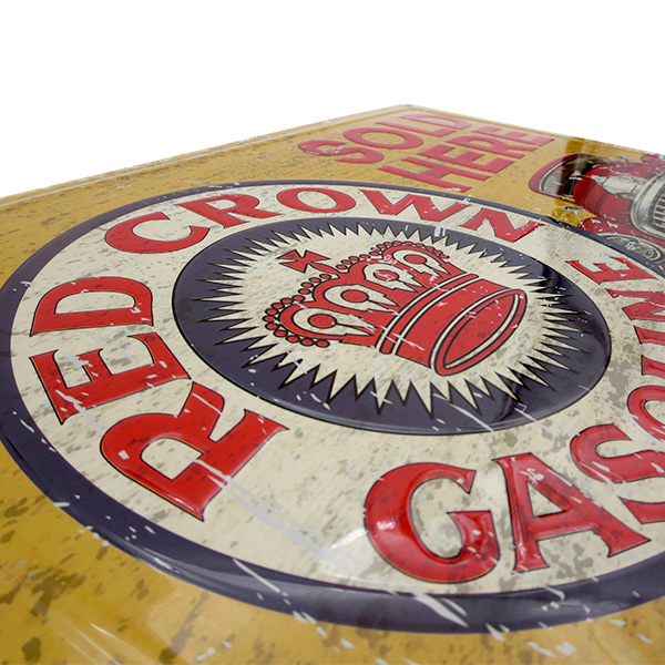 RED CROWN GASOLINEレッドクラウンガソリン　ヴィンテージ琺瑯看板 エンボス メタルサイン RED CROWN GASOLINE 【レッド クラウン