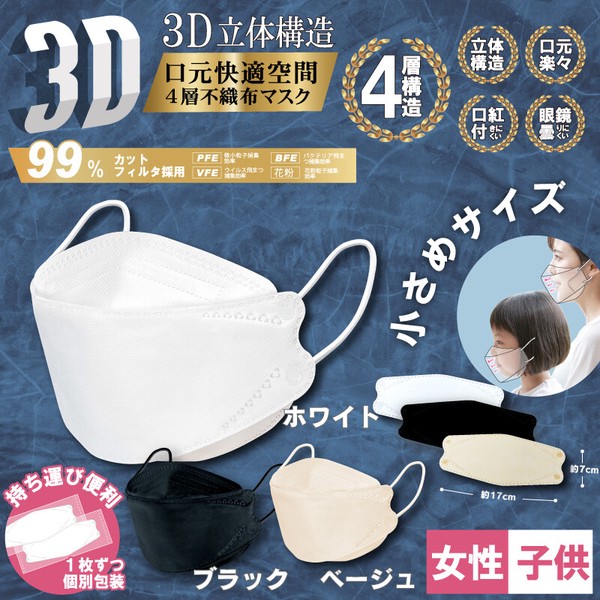 送料込み 30枚✖️50箱 3D立体構造4層不織布マスク 小さめサイズ 30P
