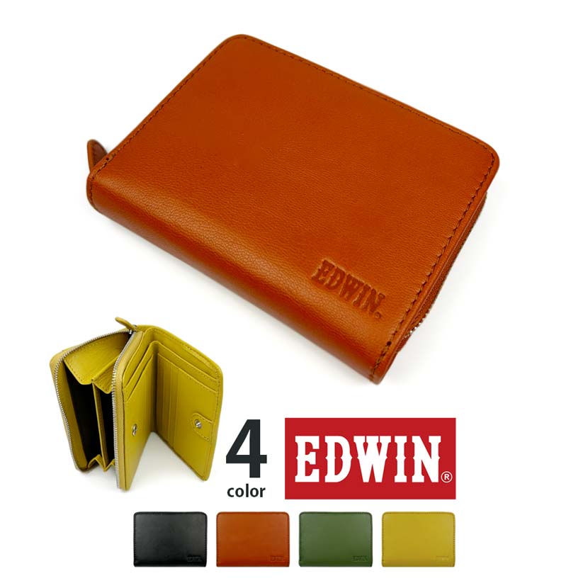【全4色】 EDWIN エドウイン ゴートレザー 二つ折り財布 ラウンドファスナー小銭入れ