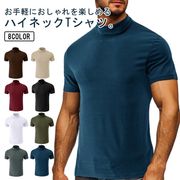 ハイネック Tシャツ 半袖 メンズ ゴルフウェア カットソー 無地 作業着 モックネック